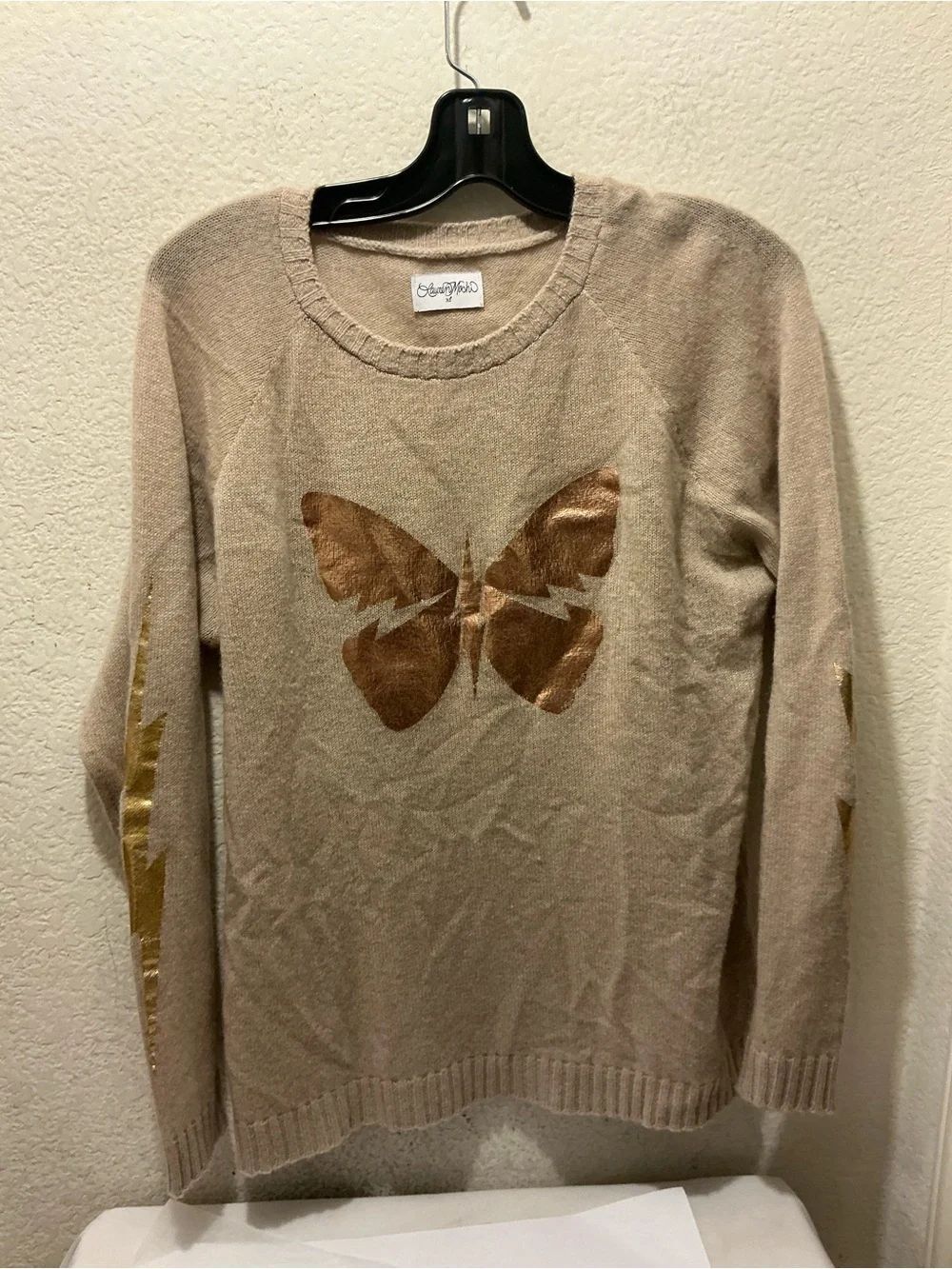 Lauren Moshi Beige Sweater with Metallic Gold Butterfly XL
